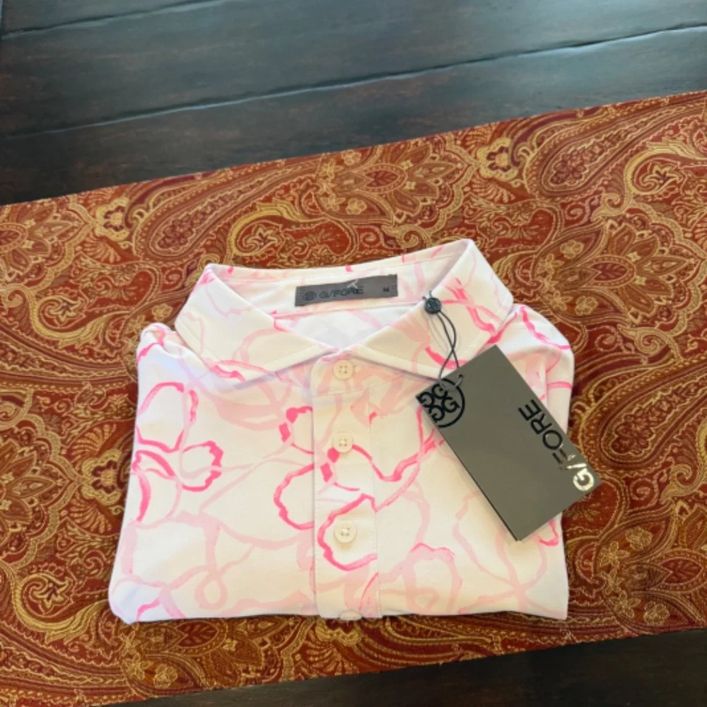 G/FORE Men's Medium BLUSH Watercolour Floral Tech Pique Golf Polo MSRP $120 - Picture 3 of 7